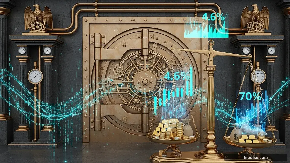 A grand steampunk vault with massive brass doors and copper mechanism wheels, balance scales made of clockwork gears, interest rate indicators glowing in teal holographic displays — editorial illustration for "RBA Rate Decision Preview: Markets Price 70% Chance of May Hike as Inflation Hits 4.6%".