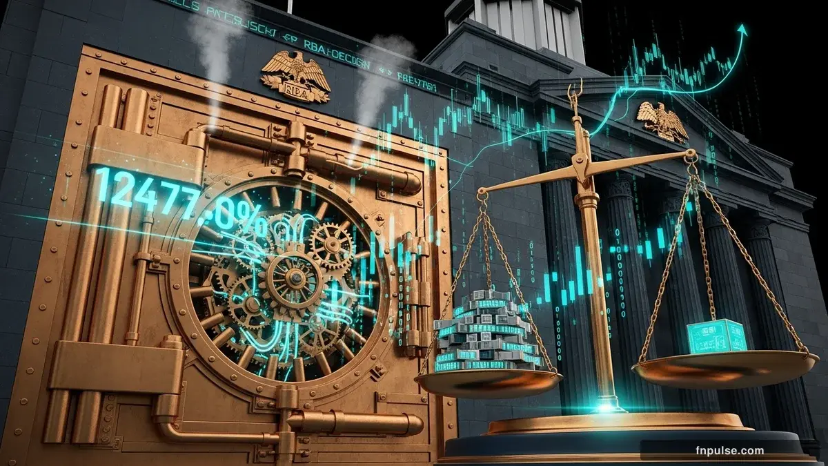 A grand steampunk vault with massive brass doors and copper mechanism wheels, balance scales made of clockwork gears, interest rate indicators glowing in teal holographic displays — editorial illustration for "RBA Rate Decision May 2026: Markets Price 70% Chance of Third Consecutive Hike".