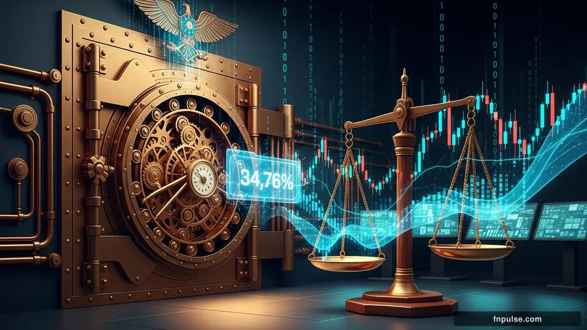 A grand steampunk vault with massive brass doors and copper mechanism wheels, balance scales made of clockwork gears, interest rate indicators glowing in teal holographic displays — editorial illustration for "RBA Rate Decision Eve: Markets Price 86% Odds of Third Consecutive Hike to 4.35%".