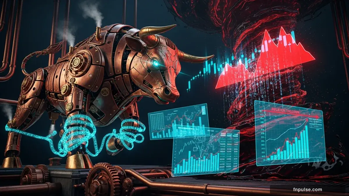 A steampunk mechanical bull with copper gears and brass rivets charges through a digital financial landscape, surrounded by glowing teal candlestick charts, binary code streams, and holographic market data overlays against a dark navy background — editorial illustration for "Record Equities Collide with Sticky Inflation and Oil Volatility".