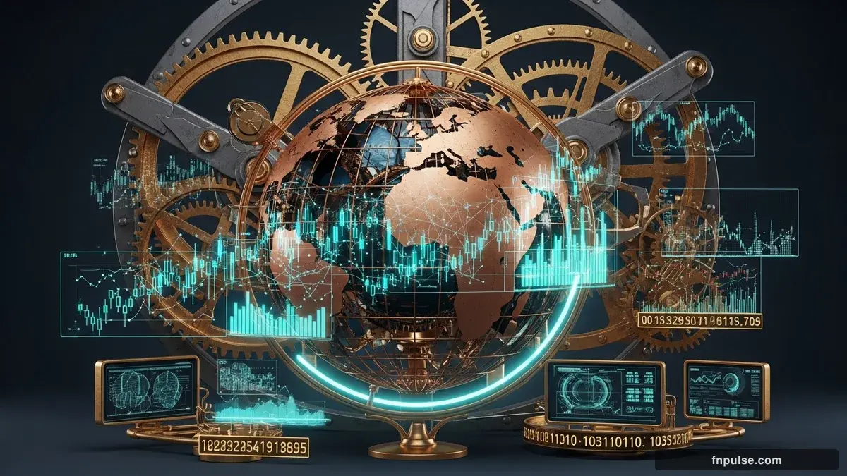 A steampunk globe with brass meridian lines and copper continent plates, surrounded by glowing teal financial data streams, candlestick charts, and holographic trading network connections — editorial illustration for "6. Risk Management in the AI Era".