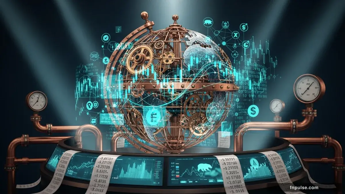 A steampunk globe with brass meridian lines and copper continent plates, surrounded by glowing teal financial data streams, candlestick charts, and holographic trading network connections — editorial illustration for "RSI Indicator Explained".