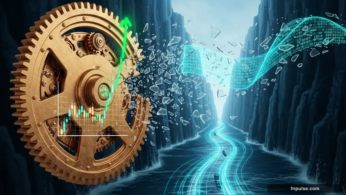 A dramatic steampunk scene with metallic impact effects and shattered glass elements, glowing teal alert indicators and urgent data streams flowing through copper pipes against a stormy dark blue backdrop — editorial illustration for "S&P 500 Hits Record High as Iran Ceasefire Reopens Strait of Hormuz".