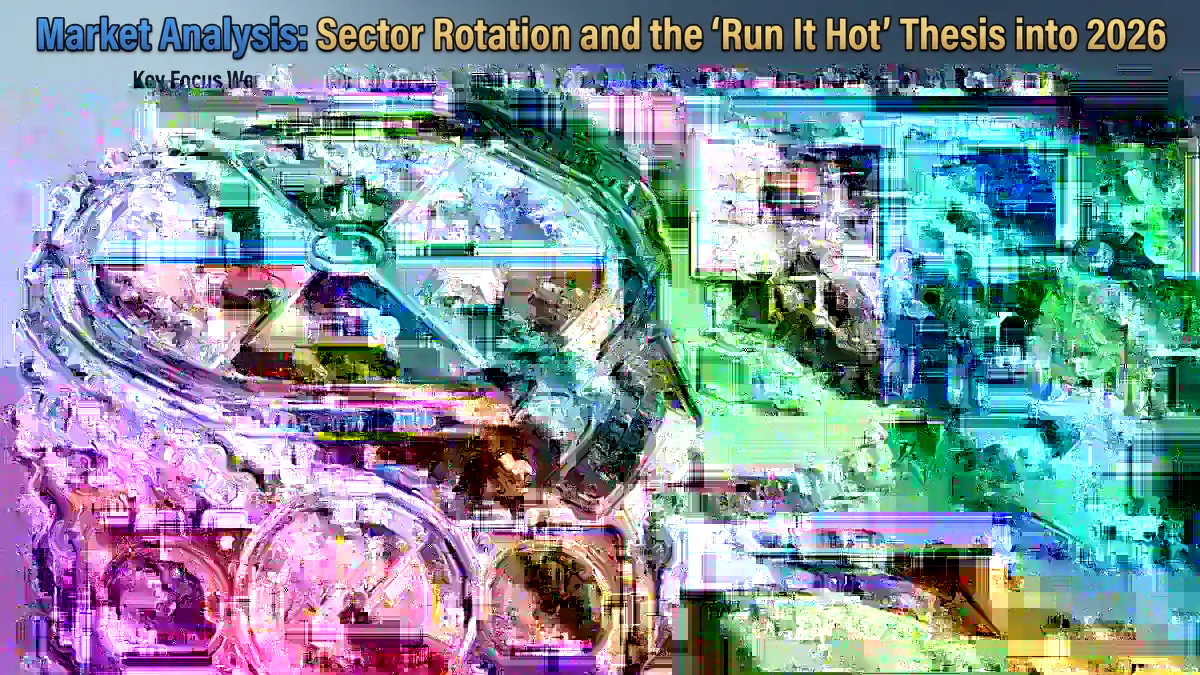 Infographic titled "Market Analysis: Sector Rotation and the 'Run It Hot' Thesis into 2026." It features a colorful wheel with economic sectors, arrows indicating rotation, gauges for GDP growth, and people analyzing data. Key elements include strategic positioning, fiscal stimulus, and inflation challenges, conveying a dynamic market outlook.