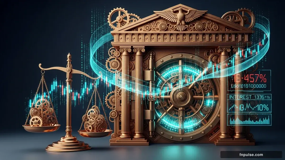 A grand steampunk vault with massive brass doors and copper mechanism wheels, balance scales made of clockwork gears, interest rate indicators glowing in teal holographic displays — editorial illustration for "Senate Set to Confirm Kevin Warsh as Fed Chair This Week Amid Independence Crisis".