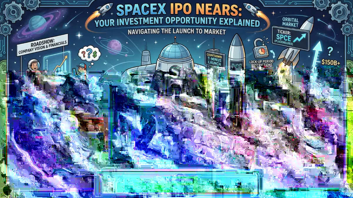 Space-themed infographic titled "SpaceX IPO Nears." Features a rocket launch, investment stages, charts, and a mission checklist. Tone is informative and adventurous.