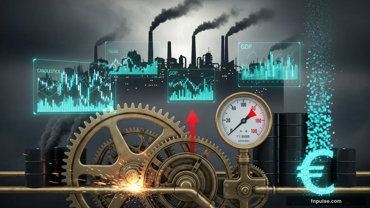 A steampunk industrial cityscape with copper-riveted factory towers, spinning brass gears driving economic indicators, GDP graphs rendered in glowing teal holographic projections against a moody dark navy sky — editorial illustration for "Stagflation Shock: ECB Inflation Fears Drive Euro Lower as Oil Nears $100".