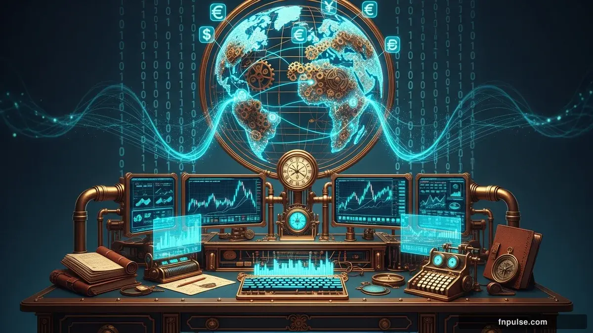 A steampunk globe with brass meridian lines and copper continent plates, surrounded by glowing teal financial data streams, candlestick charts, and holographic trading network connections — editorial illustration for "Forge Your Forex Edge: A Step-by-Step Guide to Trading Plan (2026)".