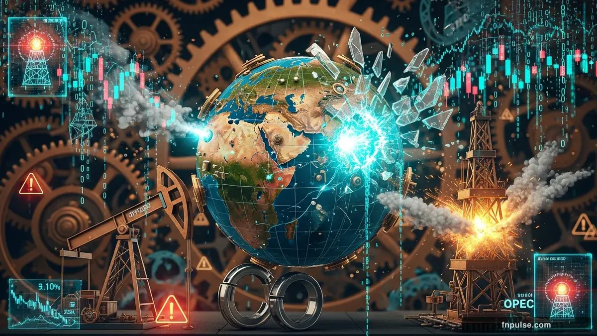 A dramatic steampunk scene with metallic impact effects and shattered glass elements, glowing teal alert indicators and urgent data streams flowing through copper pipes against a stormy dark blue backdrop — editorial illustration for "Strait of Hormuz Closure and UAE OPEC Exit Trigger Global Energy Shock".