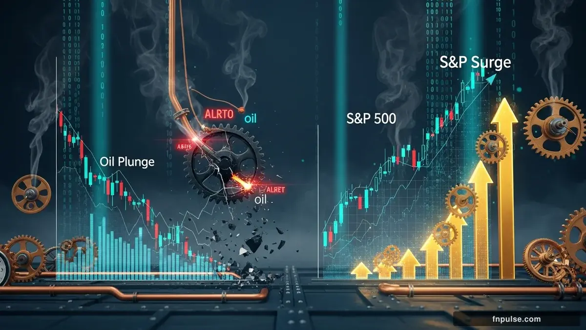 A dramatic steampunk scene with metallic impact effects and shattered glass elements, glowing teal alert indicators and urgent data streams flowing through copper pipes against a stormy dark blue backdrop — editorial illustration for "Strait of Hormuz Reopens: Oil Plunges as S&P 500 Hits Record Highs".