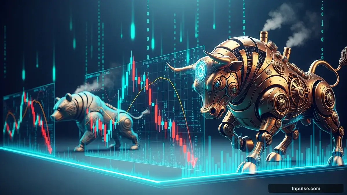 A steampunk mechanical bull with copper gears and brass rivets charges through a digital financial landscape, surrounded by glowing teal candlestick charts, binary code streams, and holographic market data overlays against a dark navy background — editorial illustration for "Strait of Hormuz Reopens: Oil Plunges as US-Iran Talks Trigger Risk-On Rally".