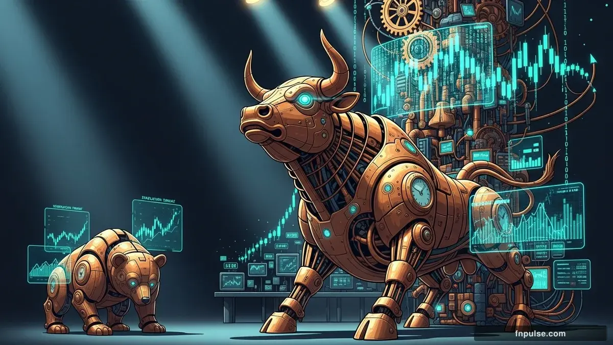 A steampunk mechanical bull with copper gears and brass rivets charges through a digital financial landscape, surrounded by glowing teal candlestick charts, binary code streams, and holographic market data overlays against a dark navy background — editorial illustration for "Tech Stocks Hit Record Highs as US Economy Faces Stagflation Threat".