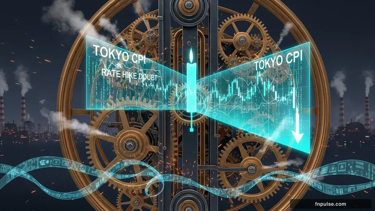A steampunk industrial cityscape with copper-riveted factory towers, spinning brass gears driving economic indicators, GDP graphs rendered in glowing teal holographic projections against a moody dark navy sky — editorial illustration for "Tokyo CPI Miss Throws Bank of Japan's June Rate Hike Into Doubt".