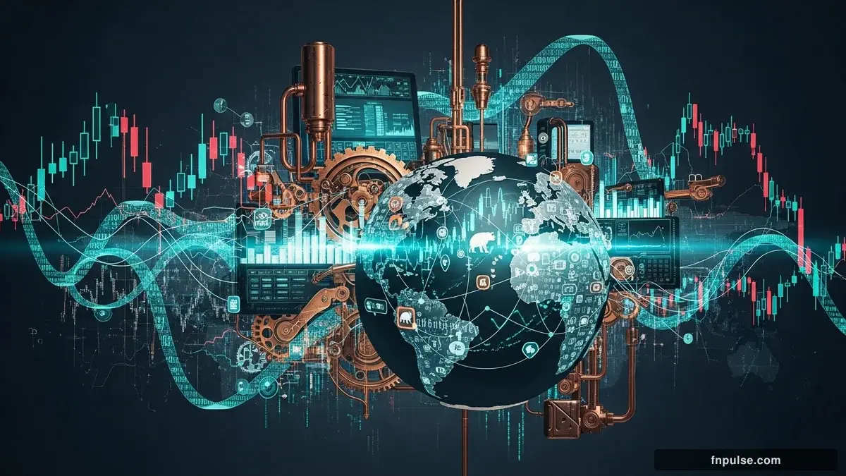 A steampunk globe with brass meridian lines and copper continent plates, surrounded by glowing teal financial data streams, candlestick charts, and holographic trading network connections — editorial illustration for "Top 5 Forex Trading Mistakes That Cost Beginners Money".