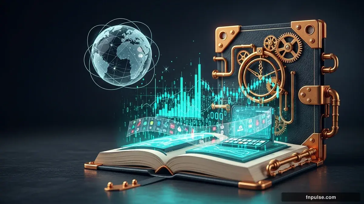 A steampunk globe with brass meridian lines and copper continent plates, surrounded by glowing teal financial data streams, candlestick charts, and holographic trading network connections — editorial illustration for "How to Keep a Trading Journal".