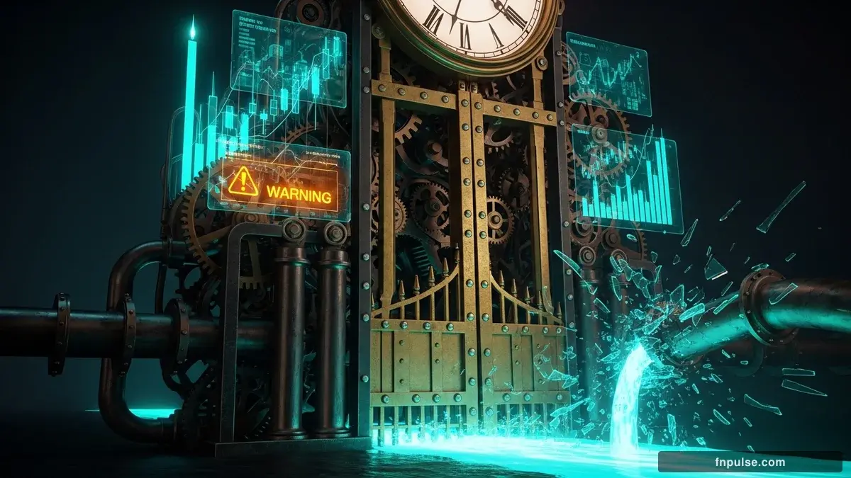 A dramatic steampunk scene with metallic impact effects and shattered glass elements, glowing teal alert indicators and urgent data streams flowing through copper pipes against a stormy dark blue backdrop — editorial illustration for "Trump Vows to Maintain Iran Blockade Until Nuclear Deal Reached as Brent Crude Hits $118".