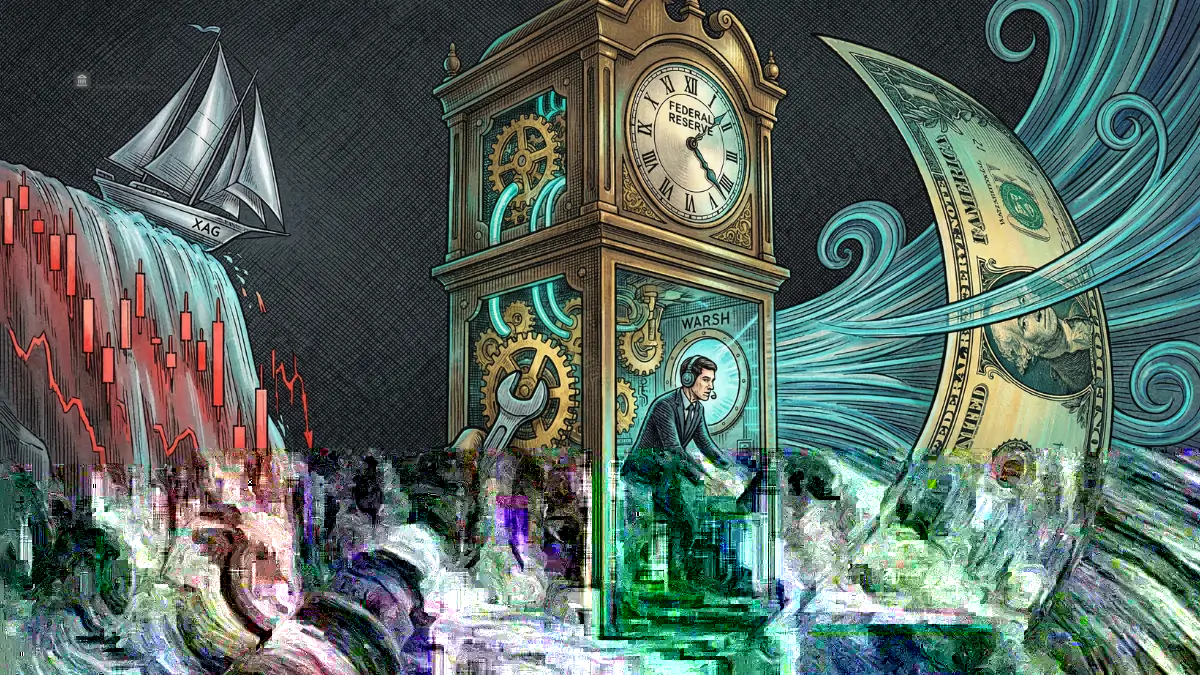 Illustration depicting a complex scene: a man inside a clock labeled "Federal Reserve" adjusts gears, while a hand labeled "Trump" holds a wrench. A $100 bill forms a wave on the right, as a ship sails toward a financial waterfall on the left. The image conveys themes of economy and intervention.