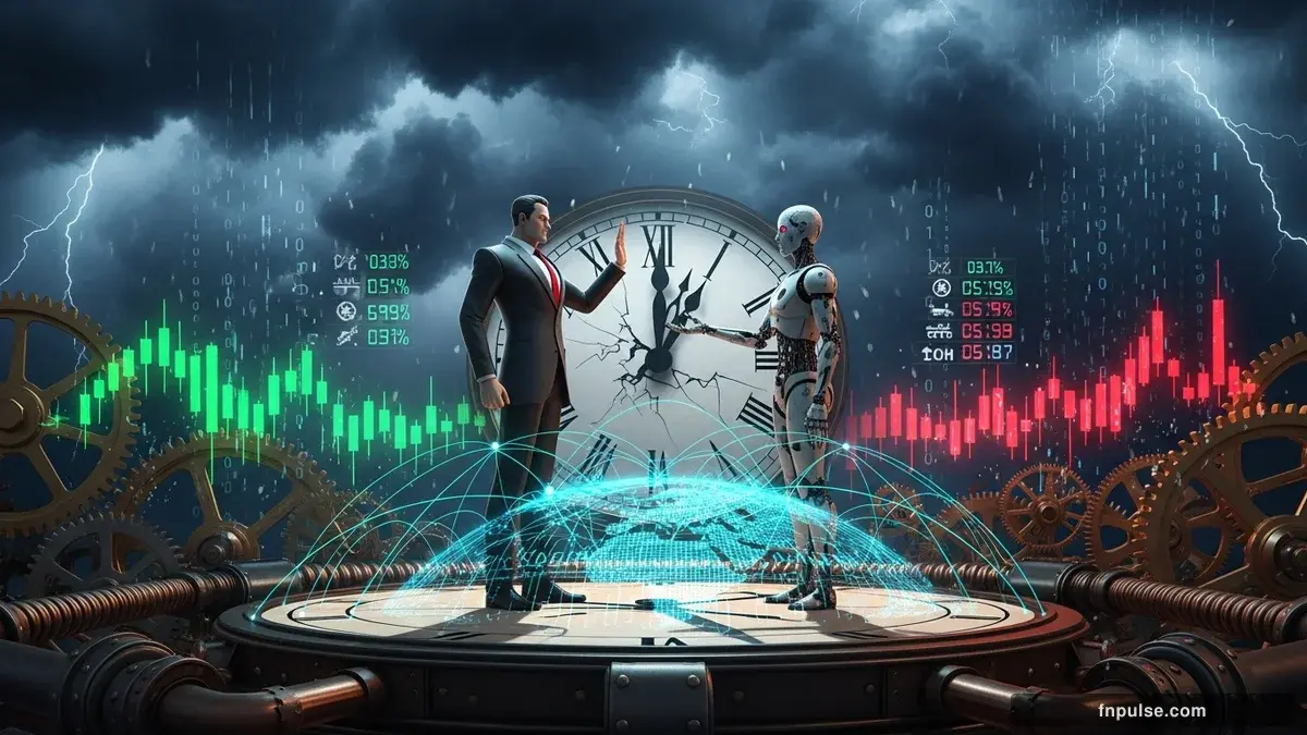 A steampunk globe with brass meridian lines and copper continent plates, surrounded by glowing teal financial data streams, candlestick charts, and holographic trading network connections — editorial illustration for "Trump Rejects Iran Peace Proposal as Markets Brace for Escalation or Deal".