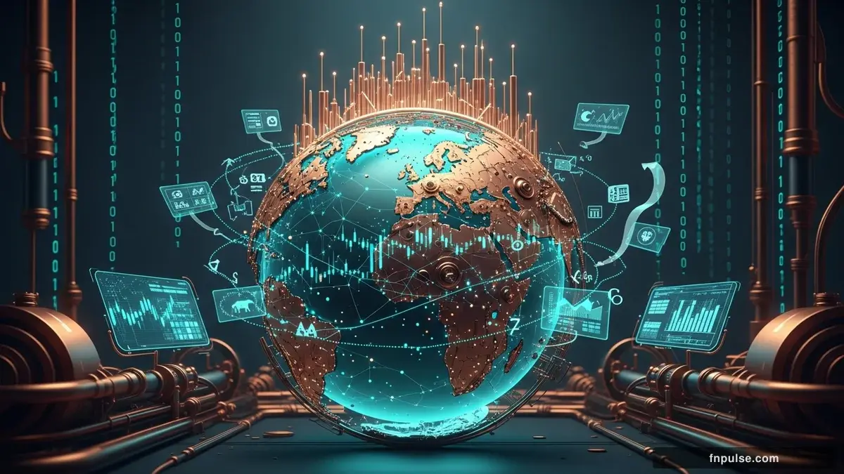 A steampunk globe with brass meridian lines and copper continent plates, surrounded by glowing teal financial data streams, candlestick charts, and holographic trading network connections — editorial illustration for "Dollar Climbs as Trump-Xi Beijing Summit Begins: Markets Eye Trade Breakthrough".
