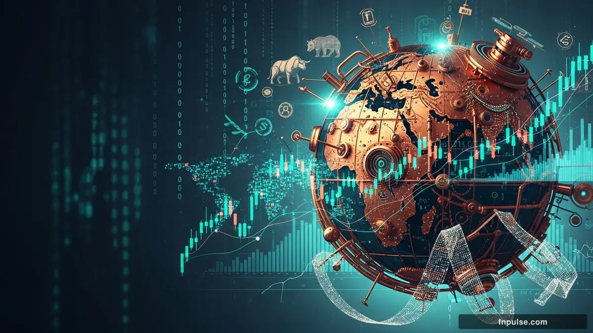A steampunk globe with brass meridian lines and copper continent plates, surrounded by glowing teal financial data streams, candlestick charts, and holographic trading network connections — editorial illustration for "Markets Brace for Trump-Xi Summit as Yuan Hits 3-Year High Ahead of Beijing Talks".