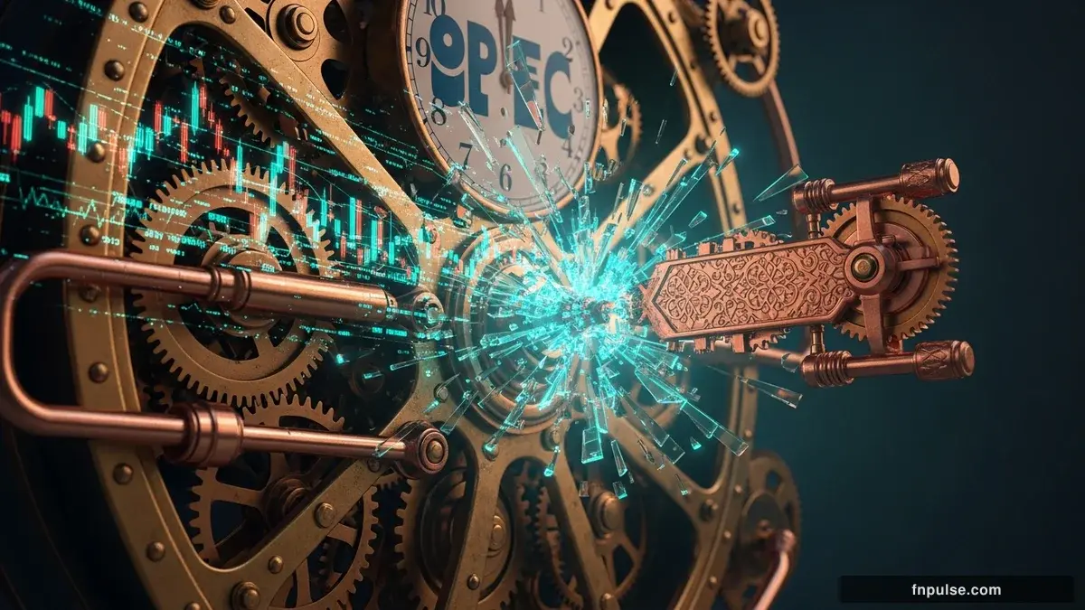 A dramatic steampunk scene with metallic impact effects and shattered glass elements, glowing teal alert indicators and urgent data streams flowing through copper pipes against a stormy dark blue backdrop — editorial illustration for "UAE Exits OPEC After 60 Years in Historic Blow to Oil Cartel as Dollar Swap Deal Emerges".