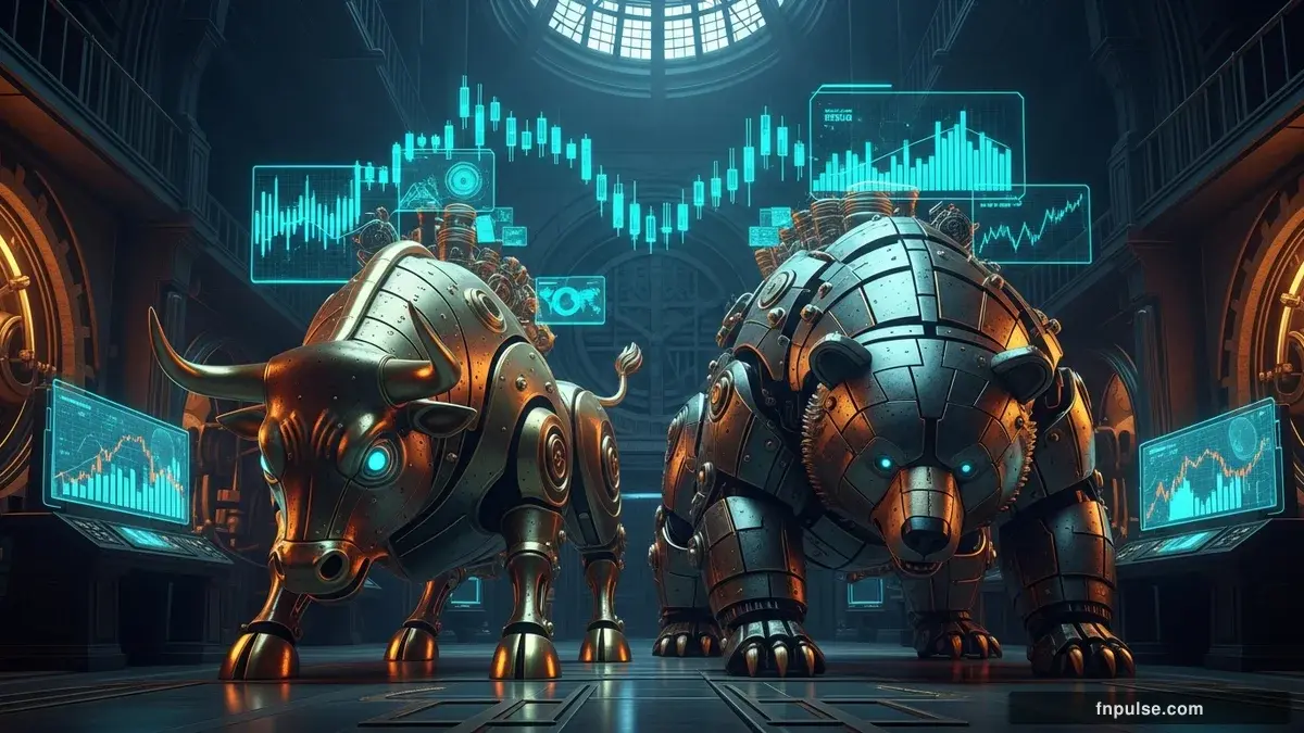 A steampunk mechanical bull with copper gears and brass rivets charges through a digital financial landscape, surrounded by glowing teal candlestick charts, binary code streams, and holographic market data overlays against a dark navy background — editorial illustration for "US 10-Year Yield Hits 4.63% as Brent Crude Breaks $111".