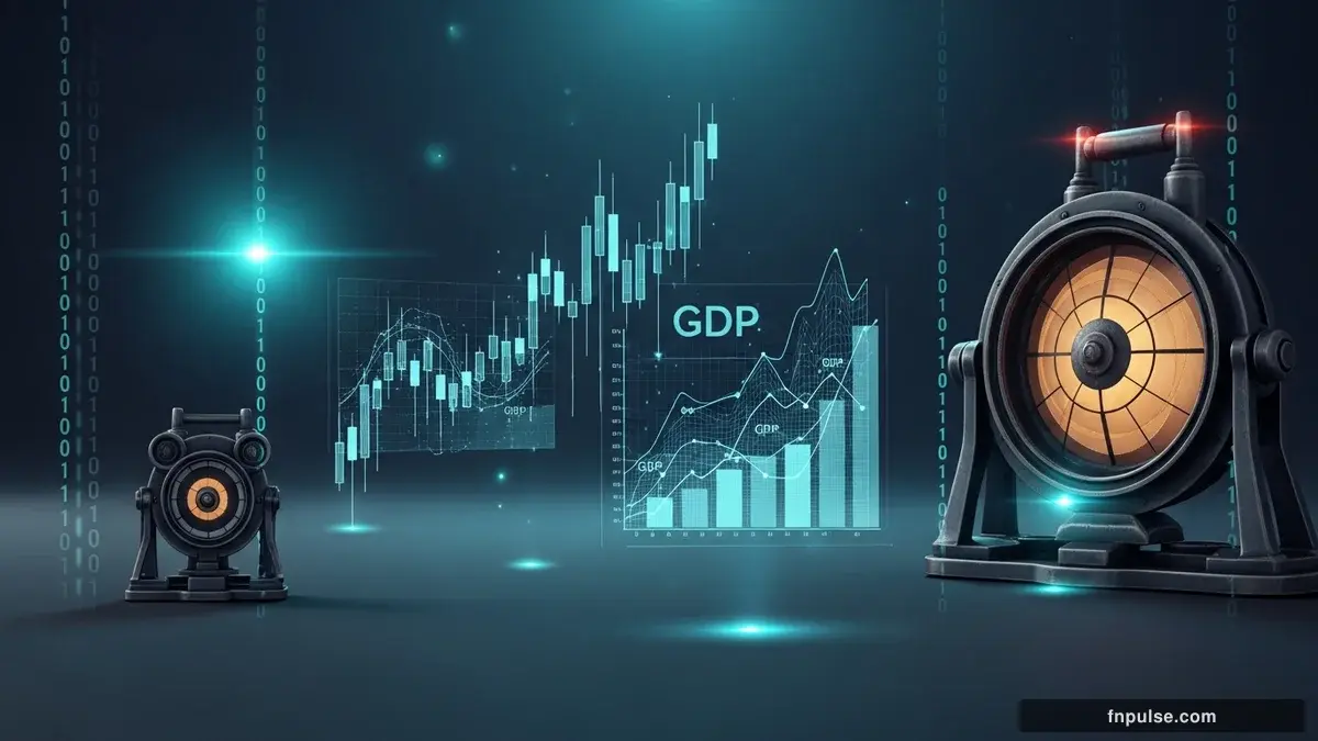 A steampunk industrial cityscape with copper-riveted factory towers, spinning brass gears driving economic indicators, GDP graphs rendered in glowing teal holographic projections against a moody dark navy sky — editorial illustration for "US CPI Hits 3.8% as Dollar Index Surges to 98.40".