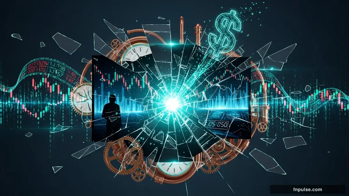 A dramatic steampunk scene with metallic impact effects and shattered glass elements, glowing teal alert indicators and urgent data streams flowing through copper pipes against a stormy dark blue backdrop — editorial illustration for "US CPI Hits 3.8% as Dollar Index Surges to 98.82 Under Incoming Fed Chair Warsh".
