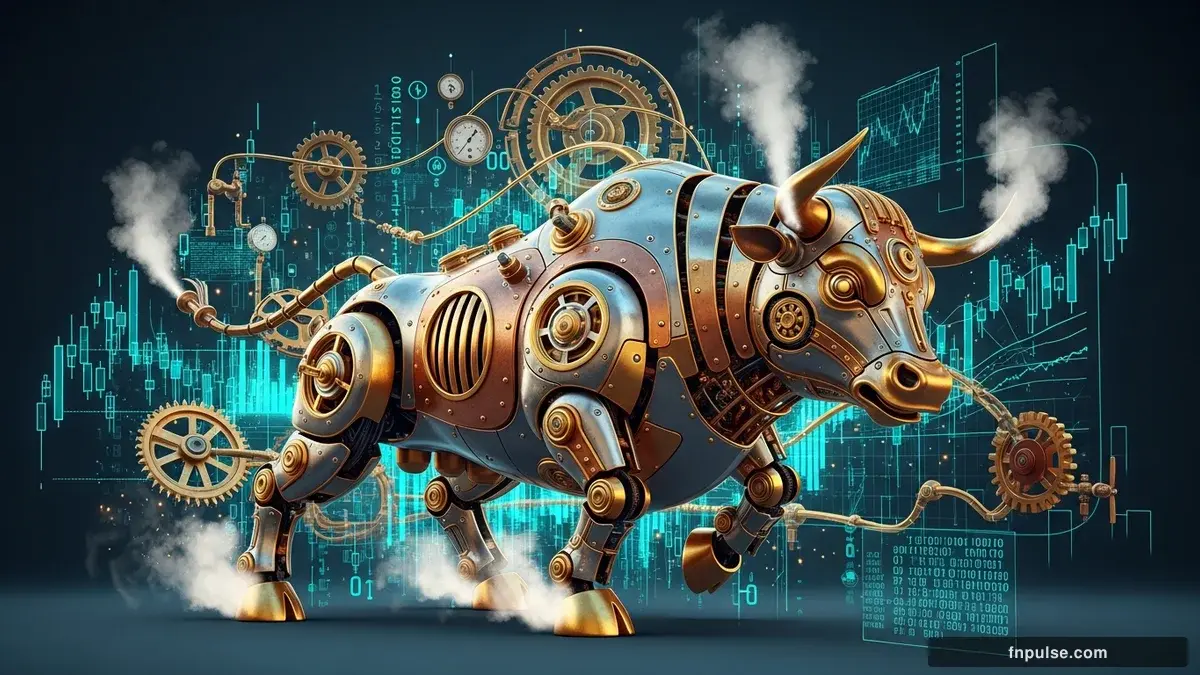 A steampunk mechanical bull with copper gears and brass rivets charges through a digital financial landscape, surrounded by glowing teal candlestick charts, binary code streams, and holographic market data overlays against a dark navy background — editorial illustration for "US CPI Hits 3.8% as Indian Tariff Hike Triggers 6.34% Gold Surge".