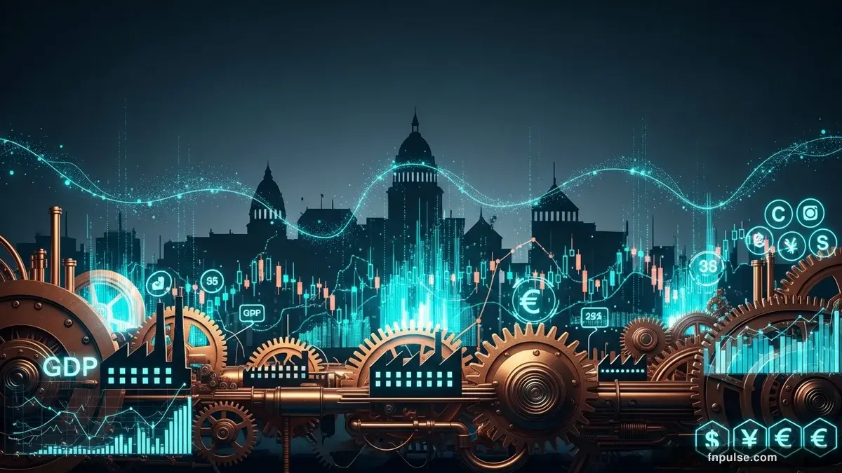 A steampunk industrial cityscape with copper-riveted factory towers, spinning brass gears driving economic indicators, GDP graphs rendered in glowing teal holographic projections against a moody dark navy sky — editorial illustration for "Week Ahead: US CPI Data Could Reignite Dollar Volatility as Fed Hawkish Shift Looms".