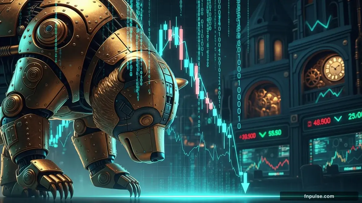 A steampunk mechanical bull with copper gears and brass rivets charges through a digital financial landscape, surrounded by glowing teal candlestick charts, binary code streams, and holographic market data overlays against a dark navy background — editorial illustration for "US Dollar and Oil Plunge on US-Iran Deal Hopes".