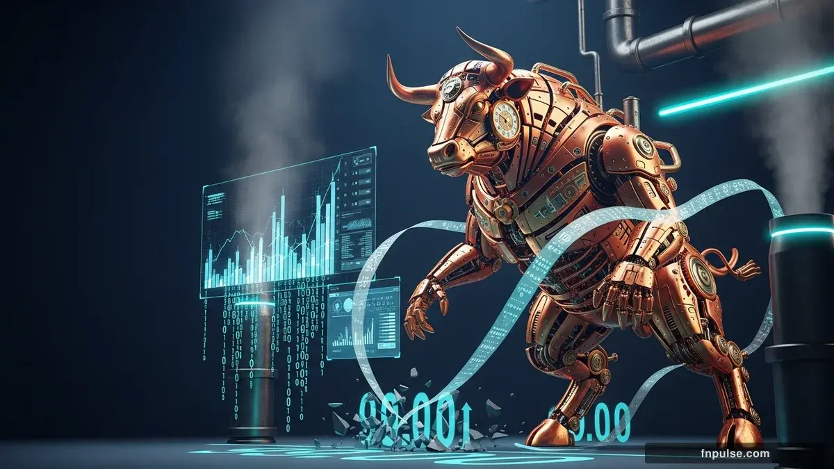 A steampunk mechanical bull with copper gears and brass rivets charges through a digital financial landscape, surrounded by glowing teal candlestick charts, binary code streams, and holographic market data overlays against a dark navy background — editorial illustration for "US Dollar Index Breaks 99.00 on Hot 3.8% CPI and Warsh Fed Confirmation".