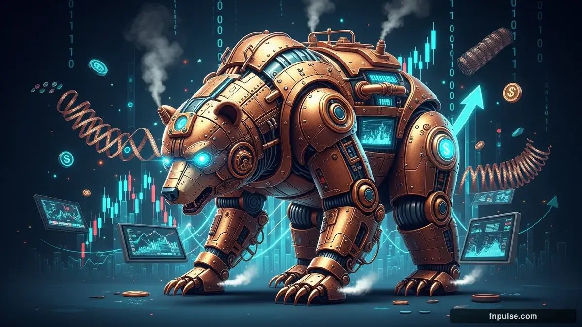 A steampunk mechanical bull with copper gears and brass rivets charges through a digital financial landscape, surrounded by glowing teal candlestick charts, binary code streams, and holographic market data overlays against a dark navy background — editorial illustration for "US Dollar Index Hits 98.46 as Wholesale Inflation Surges 6.0%".