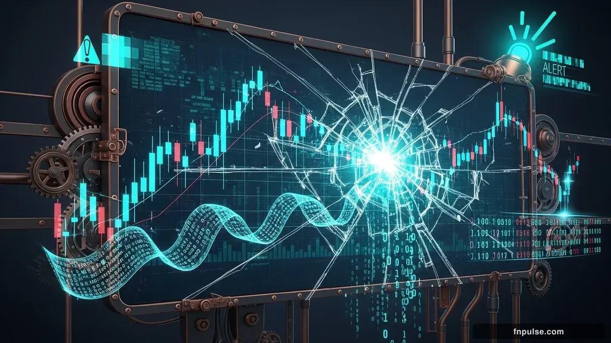 A dramatic steampunk scene with metallic impact effects and shattered glass elements, glowing teal alert indicators and urgent data streams flowing through copper pipes against a stormy dark blue backdrop — editorial illustration for "US Dollar Index Hits 98.50 on 6.0% April PPI Inflation Shock".