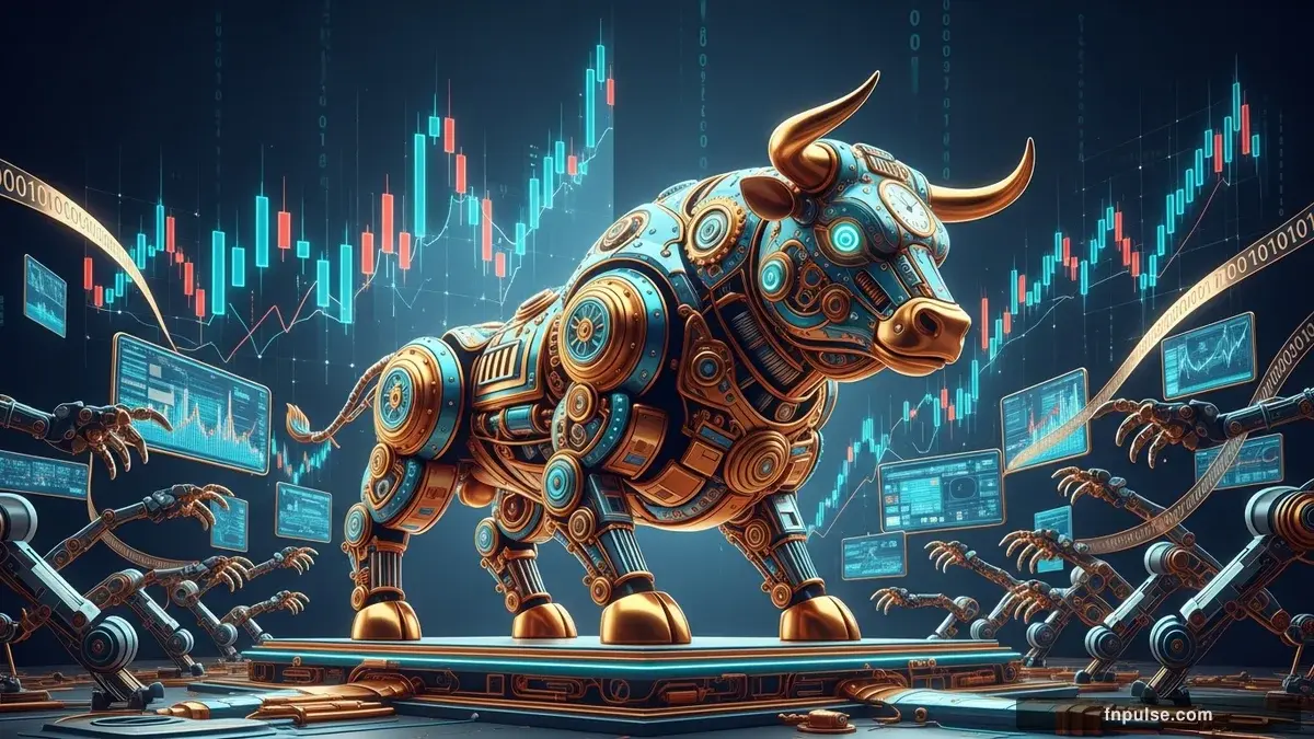 A steampunk mechanical bull with copper gears and brass rivets charges through a digital financial landscape, surrounded by glowing teal candlestick charts, binary code streams, and holographic market data overlays against a dark navy background — editorial illustration for "US Dollar Index Hits 99.21 on 3.8% CPI Print as Markets Price 44% Odds of Fed Hike".