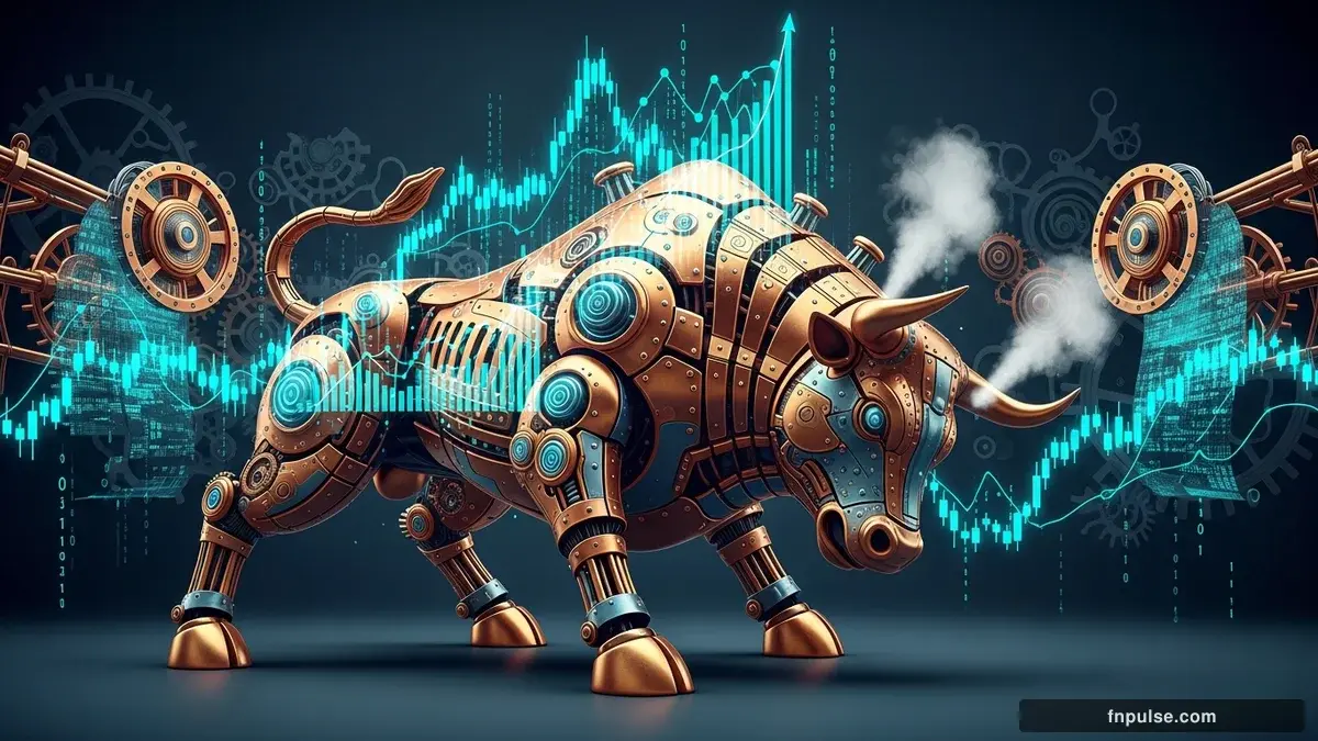 A steampunk mechanical bull with copper gears and brass rivets charges through a digital financial landscape, surrounded by glowing teal candlestick charts, binary code streams, and holographic market data overlays against a dark navy background — editorial illustration for "US Dollar Index Hits 99.3 as 3.8% CPI Print Derails Fed Rate Cuts".