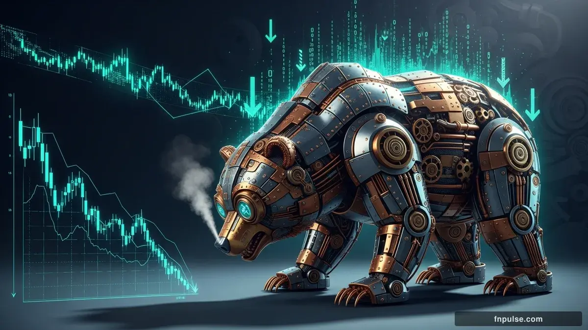 A steampunk mechanical bull with copper gears and brass rivets charges through a digital financial landscape, surrounded by glowing teal candlestick charts, binary code streams, and holographic market data overlays against a dark navy background — editorial illustration for "US Dollar Index Plunges to 97.84 as Soft Wage Data Overshadows 115K NFP Beat".