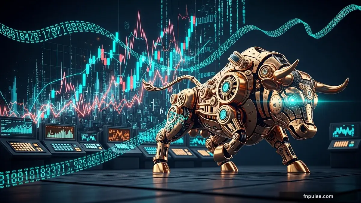 A steampunk mechanical bull with copper gears and brass rivets charges through a digital financial landscape, surrounded by glowing teal candlestick charts, binary code streams, and holographic market data overlays against a dark navy background — editorial illustration for "US Dollar Index Surges to 98.50 as 1.4% PPI Spike Slashes Fed Rate Cut Odds".
