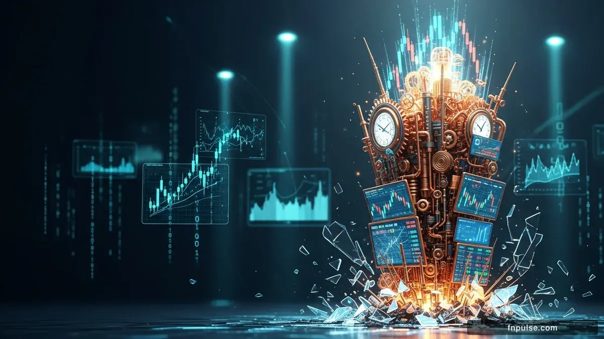 A dramatic steampunk scene with metallic impact effects and shattered glass elements, glowing teal alert indicators and urgent data streams flowing through copper pipes against a stormy dark blue backdrop — editorial illustration for "US Dollar Index Surges to 99.16 as 3.8% CPI Print Crushes Fed Rate Cut Bets".