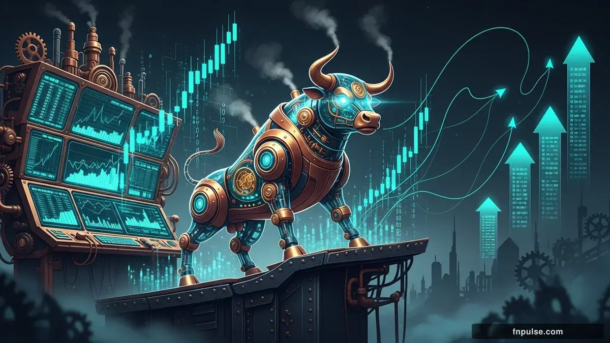 A steampunk mechanical bull with copper gears and brass rivets charges through a digital financial landscape, surrounded by glowing teal candlestick charts, binary code streams, and holographic market data overlays against a dark navy background — editorial illustration for "US Dollar Index Surges to 99.27 as 10-Year Treasury Yield Hits 4.628%".