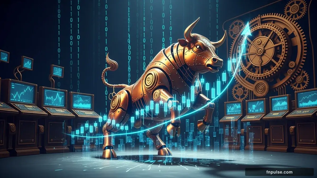 A steampunk mechanical bull with copper gears and brass rivets charges through a digital financial landscape, surrounded by glowing teal candlestick charts, binary code streams, and holographic market data overlays against a dark navy background — editorial illustration for "US Dollar Index Surges to 99.28 on 3.8% CPI as June Rate Cut Odds Collapse".