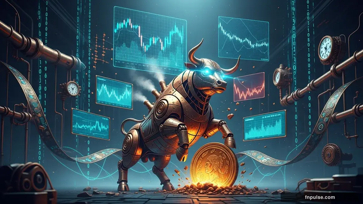 A steampunk mechanical bull with copper gears and brass rivets charges through a digital financial landscape, surrounded by glowing teal candlestick charts, binary code streams, and holographic market data overlays against a dark navy background — editorial illustration for "US Dollar Index Surges to 99.284 as 3.8% CPI Print Triggers $200 Gold Collapse".