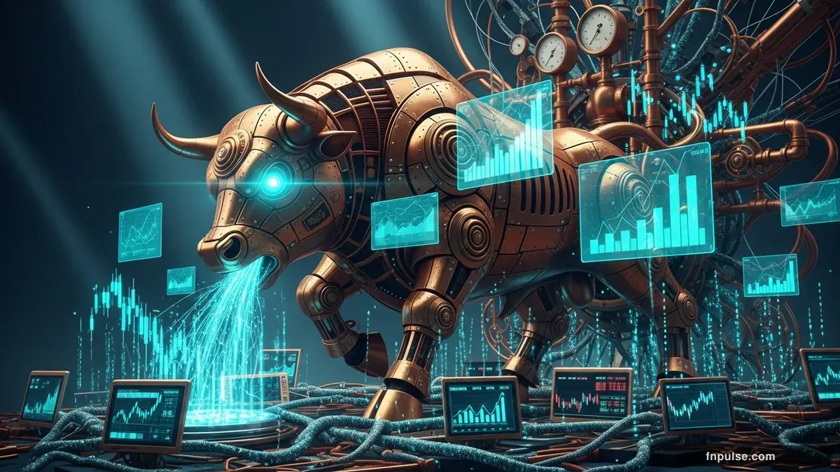 A steampunk mechanical bull with copper gears and brass rivets charges through a digital financial landscape, surrounded by glowing teal candlestick charts, binary code streams, and holographic market data overlays against a dark navy background — editorial illustration for "US Dollar Surges as 3.8% CPI Crushes Fed Rate Cut Bets".