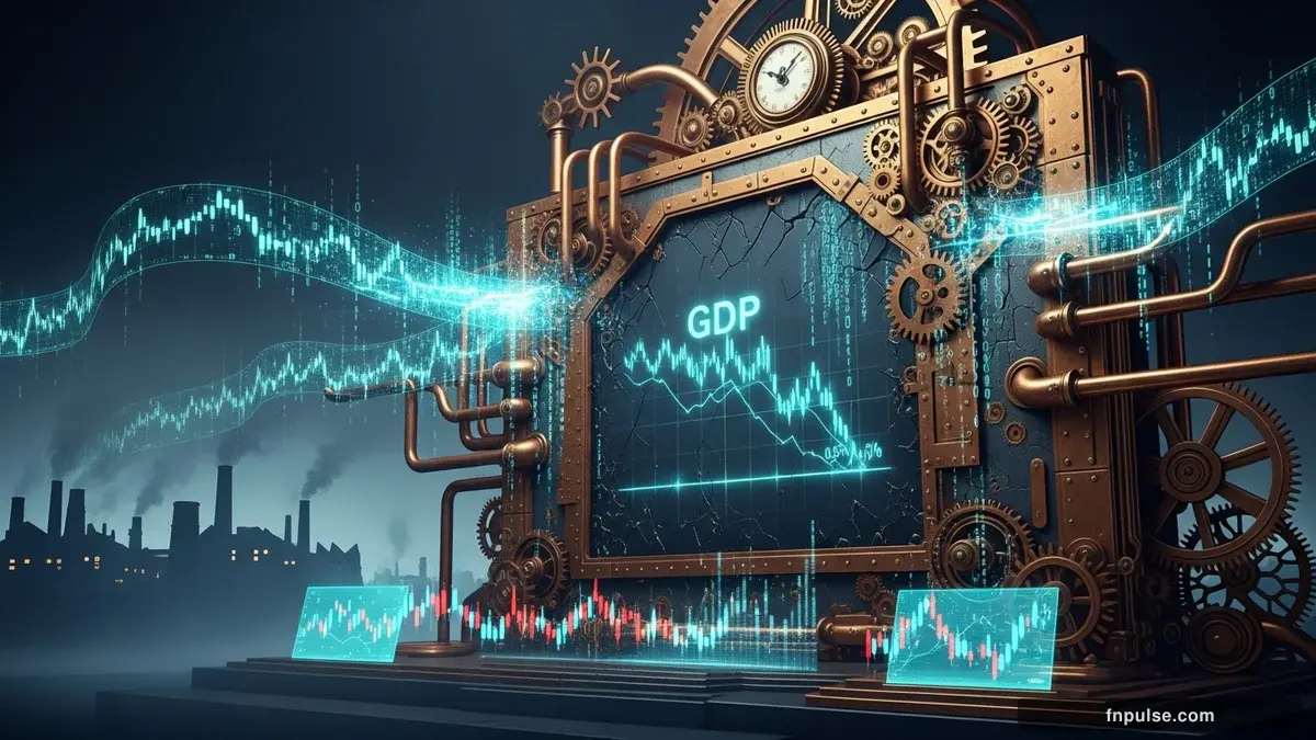 A steampunk industrial cityscape with copper-riveted factory towers, spinning brass gears driving economic indicators, GDP graphs rendered in glowing teal holographic projections against a moody dark navy sky — editorial illustration for "US Economy Hits Stagflation Wall as Q1 GDP Collapses to 0.5%".