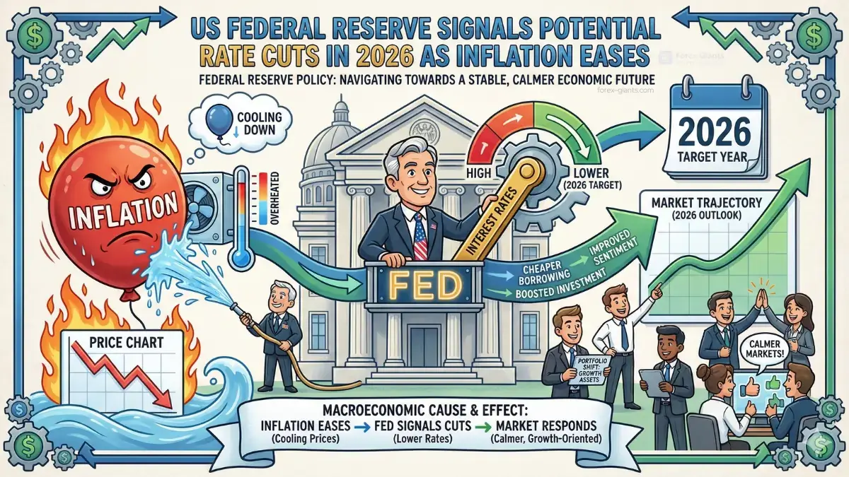 Illustration of US Federal Reserve signalling 2026 rate cuts as inflation eases. Features burning inflation symbol, cooling meter, and optimistic market graphs.