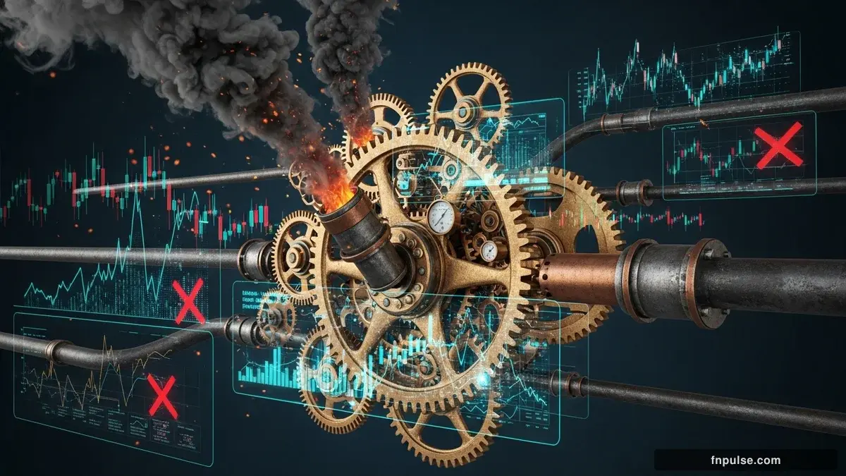 A steampunk industrial cityscape with copper-riveted factory towers, spinning brass gears driving economic indicators, GDP graphs rendered in glowing teal holographic projections against a moody dark navy sky — editorial illustration for "US Inflation Surges 0.9 Percent as Energy Shock Paralyzes Federal Reserve".