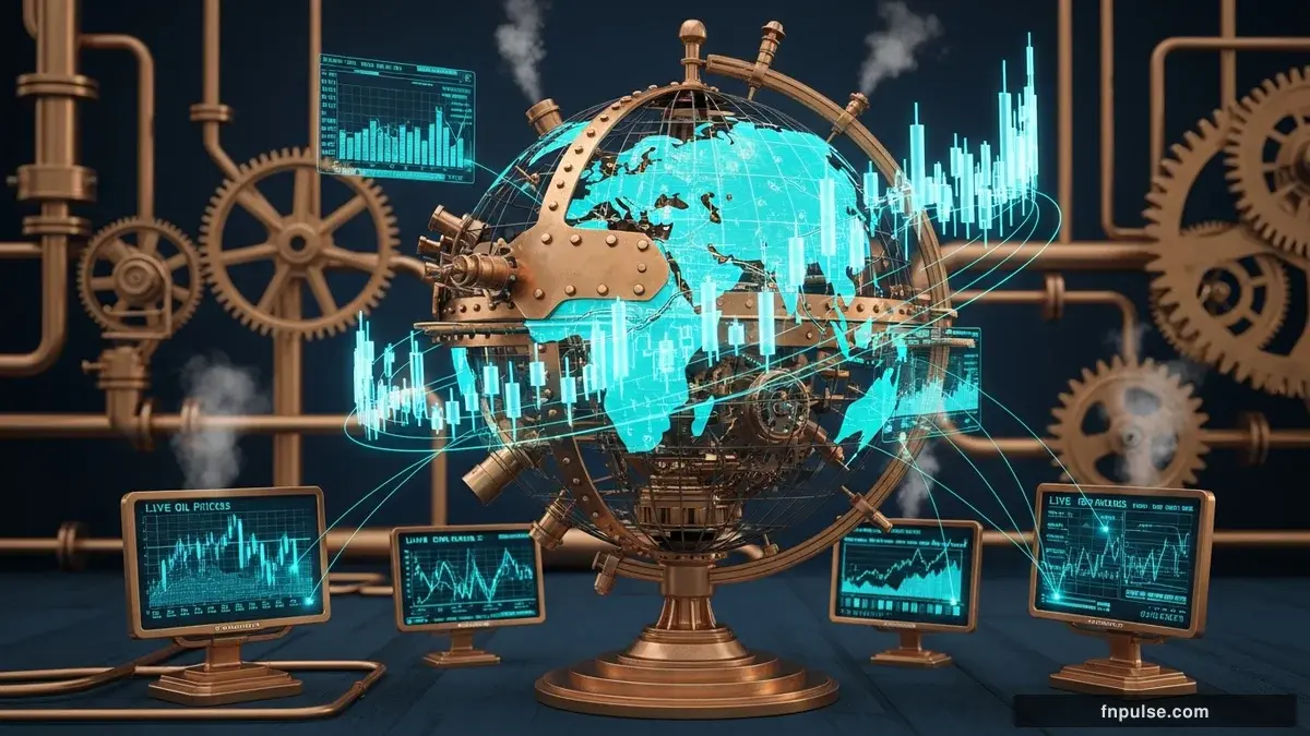 A steampunk globe with brass meridian lines and copper continent plates, surrounded by glowing teal financial data streams, candlestick charts, and holographic trading network connections — editorial illustration for "US-Iran Negotiations Hit Impasse as Trump Rejects Hormuz Proposal, Oil Volatility Persists".