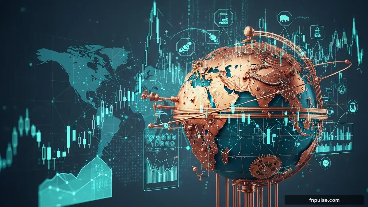 A steampunk globe with brass meridian lines and copper continent plates, surrounded by glowing teal financial data streams, candlestick charts, and holographic trading network connections — editorial illustration for "US-Iran Clash in Strait of Hormuz Threatens Fragile Ceasefire as Markets Brace for Oil Shock".