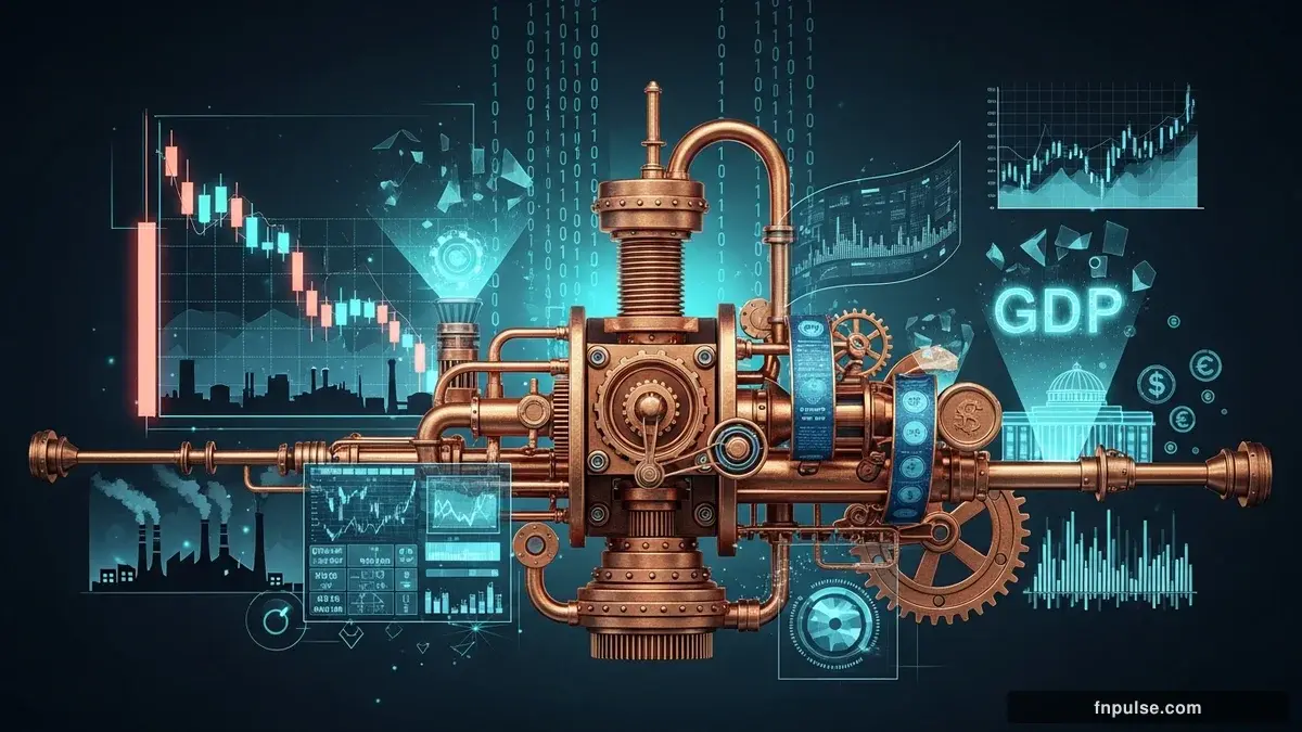 A steampunk industrial cityscape with copper-riveted factory towers, spinning brass gears driving economic indicators, GDP graphs rendered in glowing teal holographic projections against a moody dark navy sky — editorial illustration for "US Jobless Claims Hit 200K as Construction Spending Surges, but Productivity Miss Muddies Fed Path".