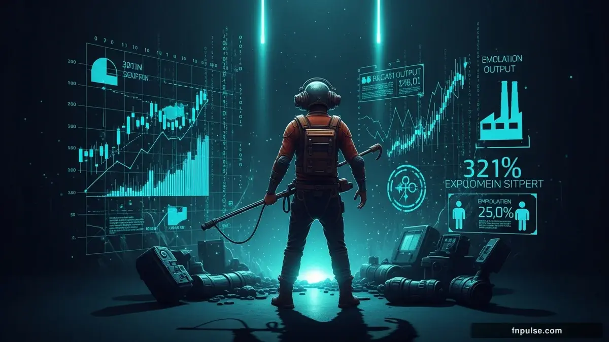 A steampunk industrial cityscape with copper-riveted factory towers, spinning brass gears driving economic indicators, GDP graphs rendered in glowing teal holographic projections against a moody dark navy sky — editorial illustration for "US Jobs Forecast Slashed, Igniting Recession Fears and Clouding Fed Path".
